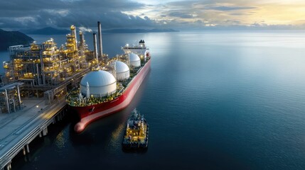 Lng tanker: vessel carrying liquefied natural gas, energy transportation, cryogenic storage, maritime export, lindustrial shipment, clean resource, sustainable distribution, offshore terminal.