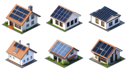six stylized house designs. each equipped with solar panels on their roofs. showcasing various architectural styles and arrangements the purpose highlights the integration of renewable energy solution