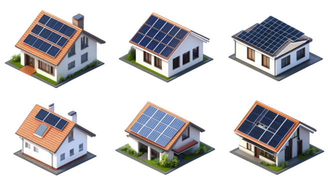 six stylized house designs. each equipped with solar panels on their roofs. showcasing various architectural styles and arrangements the purpose highlights the integration of renewable energy solution