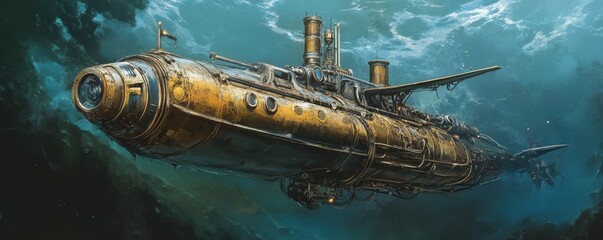 Naklejka premium A steampunk submarine exploring the depths of an alien ocean.