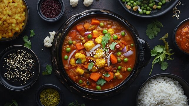 A classic mix vegetable curry, bursting with the flavors of fresh veggies and paneer, is perfectly seasoned with traditional masala for an authentic Indian taste.