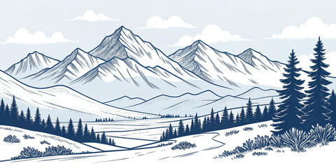 Artistic Clip Art Drawing of Mountain Silhouettes in Nature