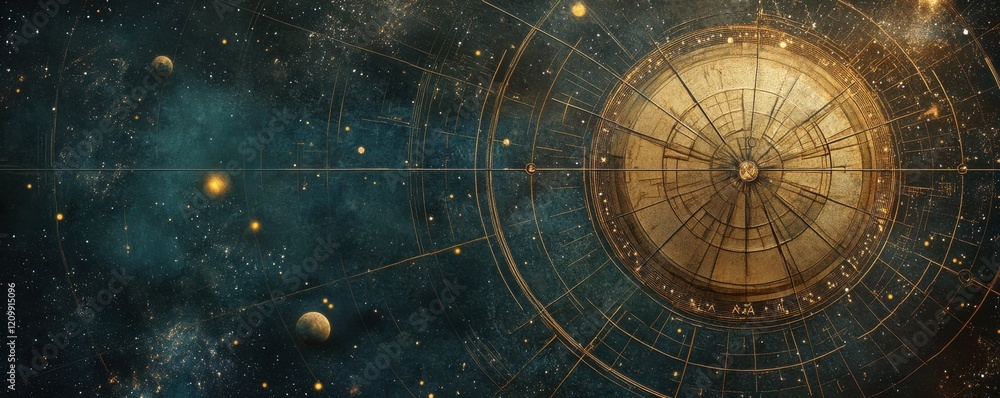 Poster celestial map guiding explorers through space.