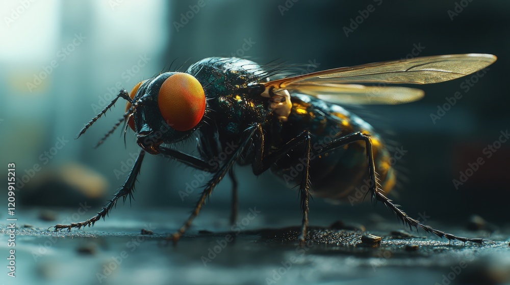 Poster close-up of a fly resting on a smooth surface, its wings slightly spread and body details in sharp f