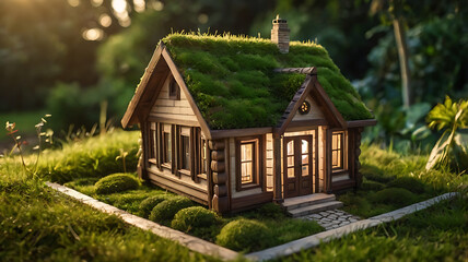 Eco-Friendly Wooden Miniature House with Grass Roof 
