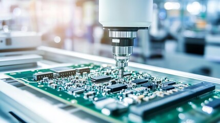A robotic system assembling complex circuit boards in a clean electronics manufacturing plant, high-tech and organized environment with a focus on electronics assembly, Electronics style