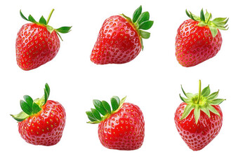 six vibrant strawberries arranged in a grid pattern. showcasing their bright red color and green leaves the clean white background emphasizes the freshness and appeal of the strawberries. making it su