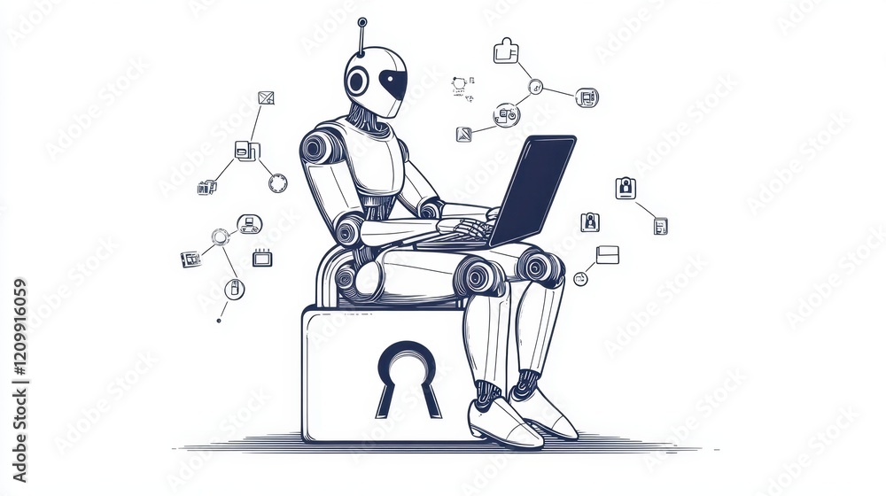 Poster elegant line drawing of a robot hacker interacting with a laptop atop a large open padlock, symboliz