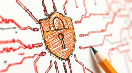 Illustration, security concept, orange shield with keyhole, pencil drawing, red lines radiating outwards, white background, sketch style, cybersecurity theme, protection symbol, hand-drawn elements