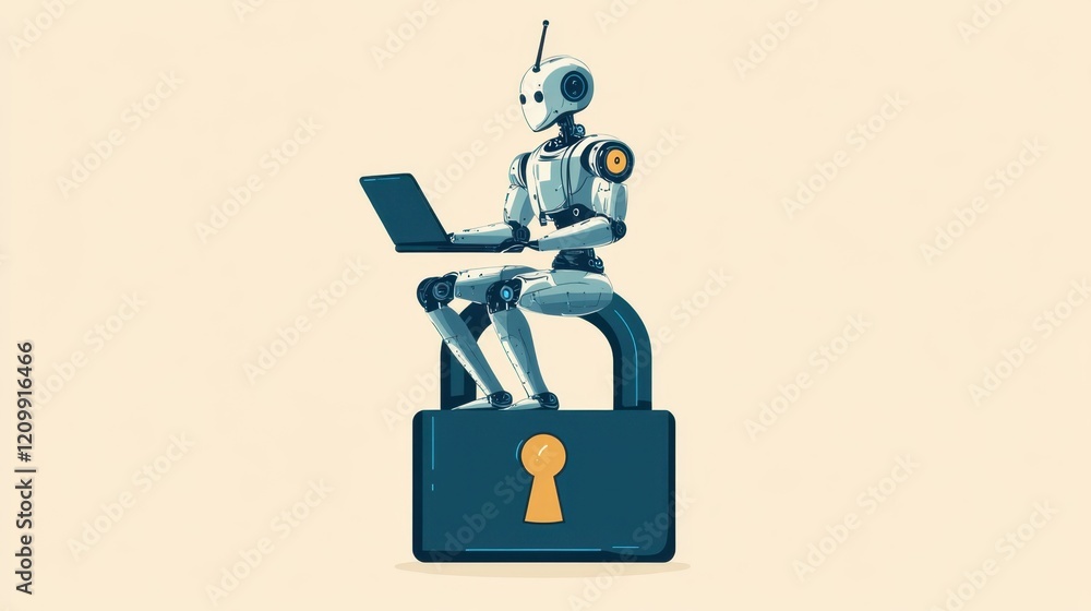 Poster elegant line drawing of a robot hacker interacting with a laptop atop a large open padlock, symboliz