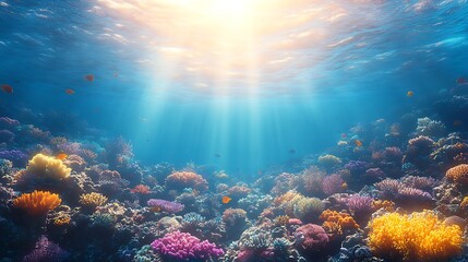 Fototapeta premium Sunbeams Dance on Coral Reef: Vibrant coral reef teeming with life, bathed in the radiant glow of sunbeams penetrating the crystal-clear ocean water.