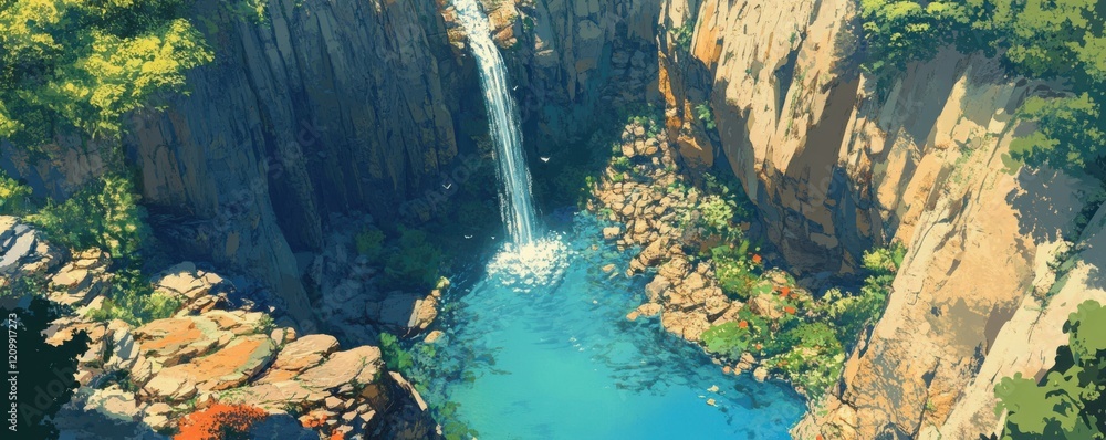 Poster a hidden waterfall cascading down rugged cliffs into a crystal-clear pool below, its waters teeming 