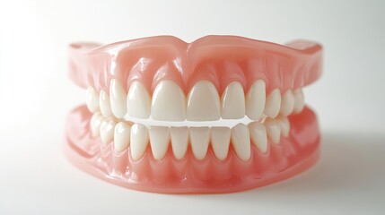 Obraz premium Close-up of perfectly aligned, sparkling white teeth, clean and healthy, with a soft pink gum line on a white background.