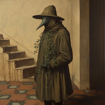 Plague Doctor in an Old House: A Dark and Mysterious Painting