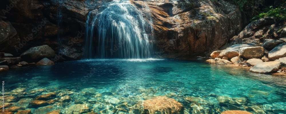 Poster a hidden waterfall cascading into a crystal-clear pool, its waters inviting and refreshing.