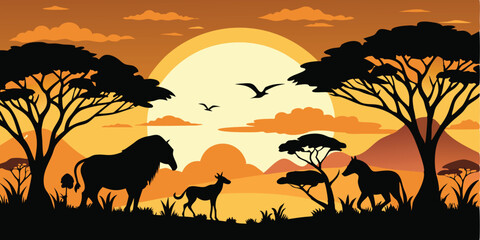 Sunrise Sunset Animal Silhouette Landscape Illustration good for Animal Rights Awareness Week