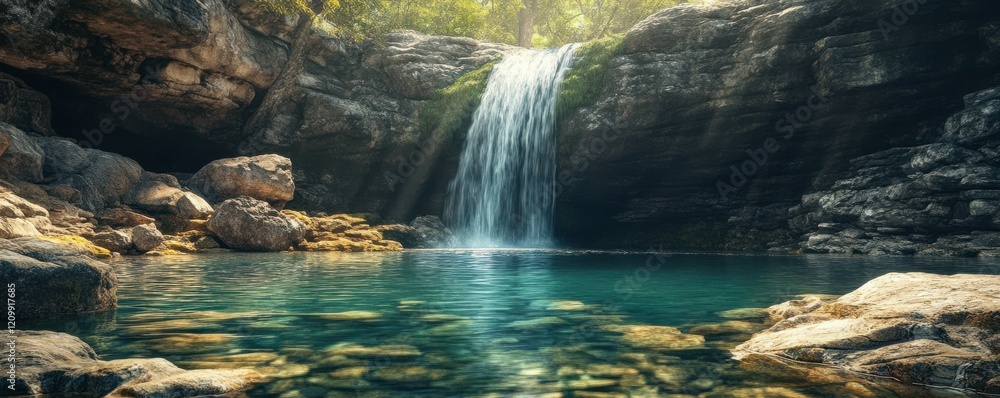 Poster a hidden waterfall cascading into a crystal-clear pool, its waters inviting and refreshing.