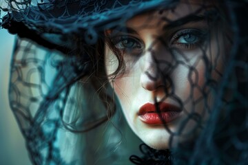 Portrait of a mysterious woman with red lips wearing a black veil and hat