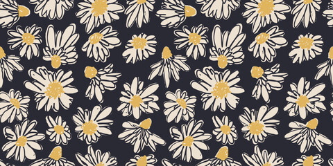 Seamless pattern with hand drawn black and white ditsy scribble flowers. Vintage inky bold florals repeat texture. Modern minimalist daisy blooms wallpaper.