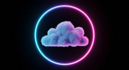 Fototapeta premium Glowing geometric round frame encircling a luminous 3D cloud against a dark, starry backdrop, offering a dreamy and modern visual appeal.