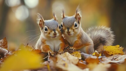 Obraz premium Among the golden foliage of fall, the two squirrels glance up at the camera, their quirky poses adding a delightful touch to the seasonal scene.