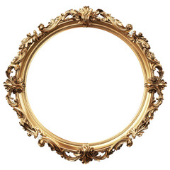 n ornate. circular gold frame with intricate detailing and a blank interior. designed to hold artwork or photographs the frame's decorative elements suggest a vintage or classic style. making it suita