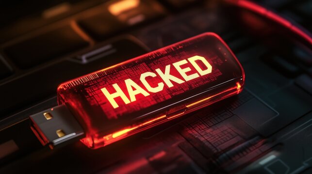 A USB thumbdrive displays the word "HACKED" on its tiny built-in screen, creating a dramatic visual of cybersecurity concerns.