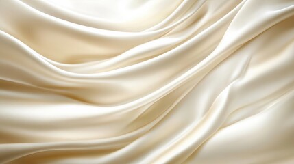 A close-up view of flowing cream-colored satin fabric, showcasing its smooth texture and drape.