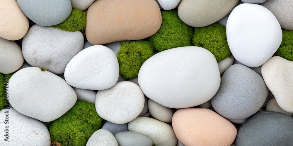 Poster a collection of white and gray rocks with green moss growing on them. the rocks are arranged in a wa