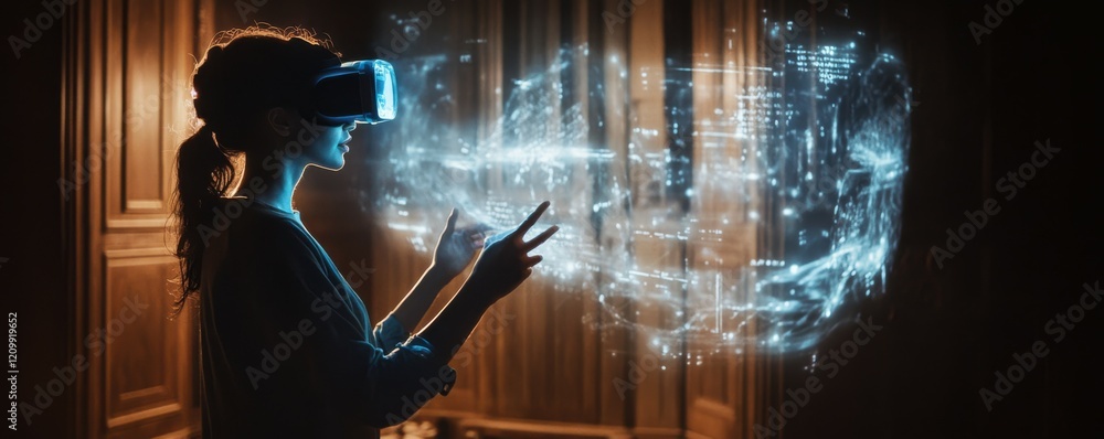 Poster a holographic projection of a virtual reality world, blurring the lines between reality and imaginat