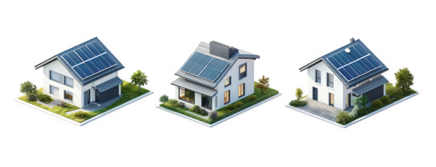 three modern houses equipped with solar panels on their roofs. showcasing a sustainable design approach each house has a unique architectural style. surrounded by greenery. emphasizing eco-friendly li