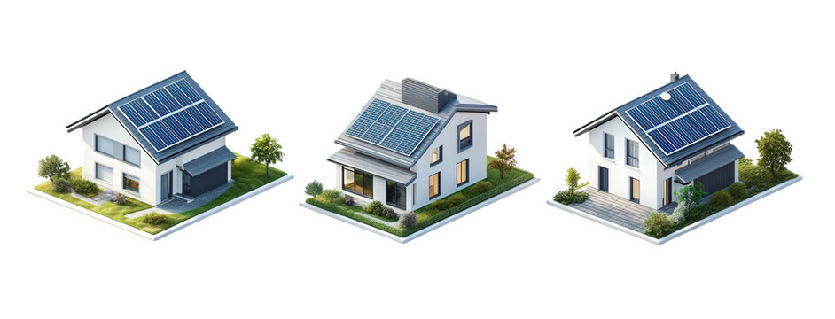 three modern houses equipped with solar panels on their roofs. showcasing a sustainable design approach each house has a unique architectural style. surrounded by greenery. emphasizing eco-friendly li