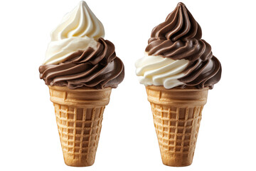 two ice cream cones. one topped with white soft serve and the other with chocolate soft serve. both elegantly swirled and placed on waffle cones the visual highlights the delicious contrast between th