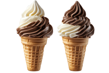 two ice cream cones. one topped with white soft serve and the other with chocolate soft serve. both elegantly swirled and placed on waffle cones the visual highlights the delicious contrast between th