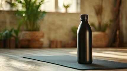 Black Water Bottle on Yoga Mat in Studio