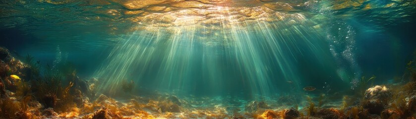 Sunlit Underwater Scene with Vibrant Marine Life and Seaweed in Crystal Clear Ocean Waters