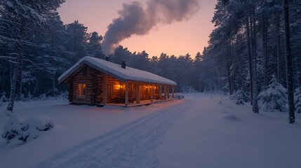 Winter Cabin Retreat: A cozy log cabin nestled in a snow-covered winter forest, illuminated from within, with a wisp of smoke curling from its chimney against a dusky sunset.