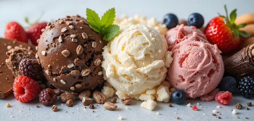  Delicious scoops of homemade ice cream of different flavors and fruits. Chocolate, cream, vanilla, strawberry, fruits of the forest