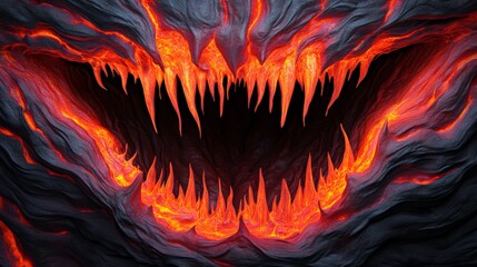 The Inferno's Maw: A fiery inferno erupts, revealing a monstrous maw lined with jagged teeth, casting an ominous glow in the surrounding darkness.