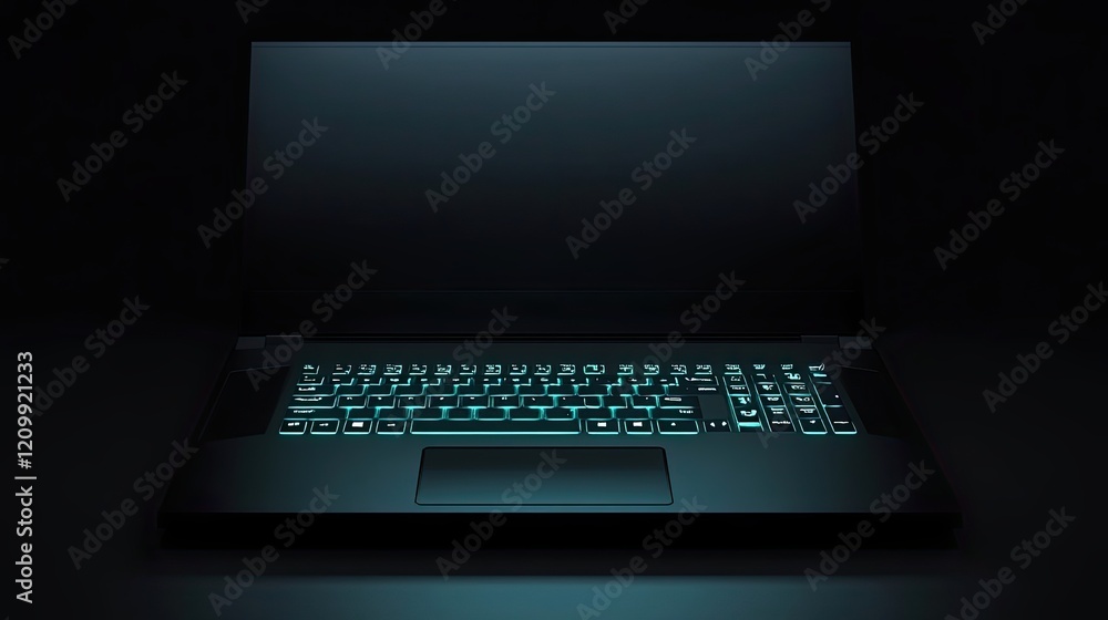 Poster modern laptop with illuminated keyboard in dark setting