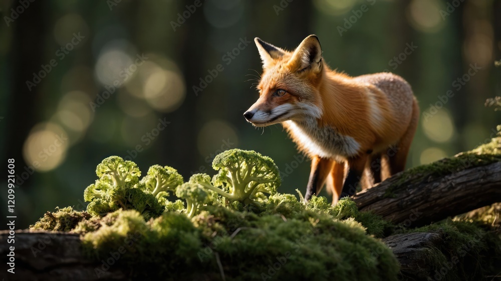 Poster a red fox explores a moss-covered log in a serene forest setting.