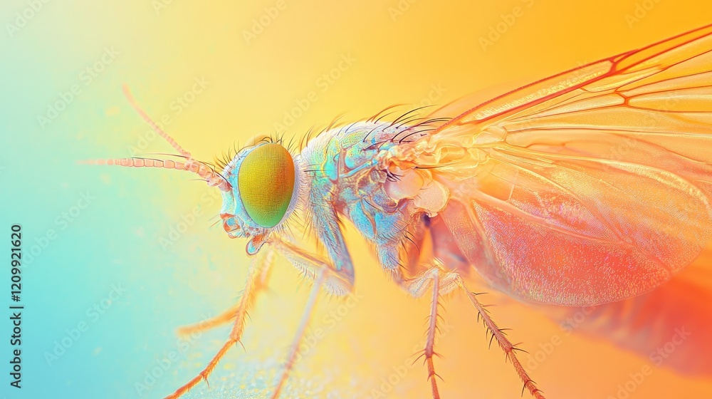Poster macro image of a fly translucent wings and segmented abdomen, highlighted against a bright, solid ba