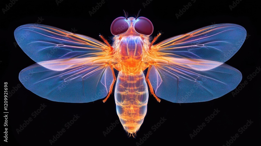 Poster macro image of a fly translucent wings and segmented abdomen, highlighted against a bright, solid ba