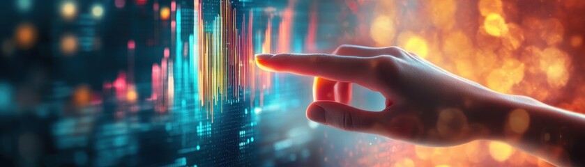 ** Futuristic Touchscreen Interface with Hand Interacting with Digital Data and Vibrant Lights in a High-Tech Environment..**