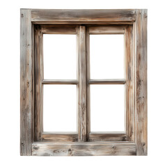 rustic wooden window frame with a weathered appearance. showcasing four panes of glass the design emphasizes a vintage aesthetic. ideal for architectural or decorative purposes