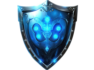 stylized blue shield with intricate designs and glowing elements. suggesting a fantasy or gaming theme the shield appears to symbolize protection and strength. often associated with heroic characters
