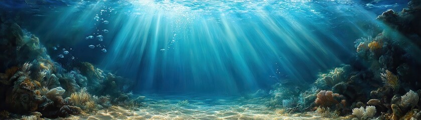 Fototapeta premium Sunlit Underwater Scene with Coral Reefs and Marine Life in Crystal Clear Ocean Waters