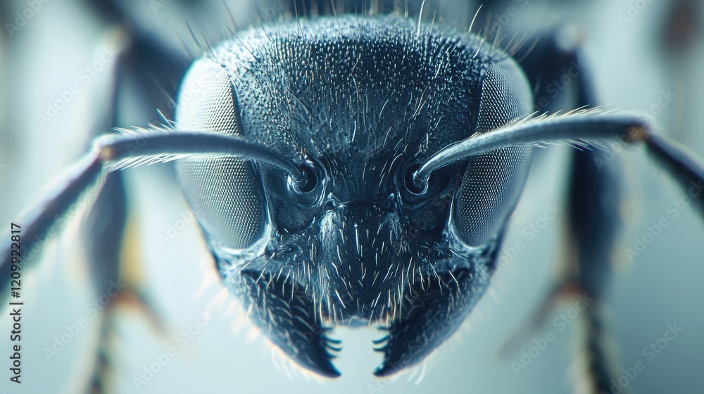 Poster macro shot of an ant intricate head and antennae, isolated on a clean white surface for a sharp focu