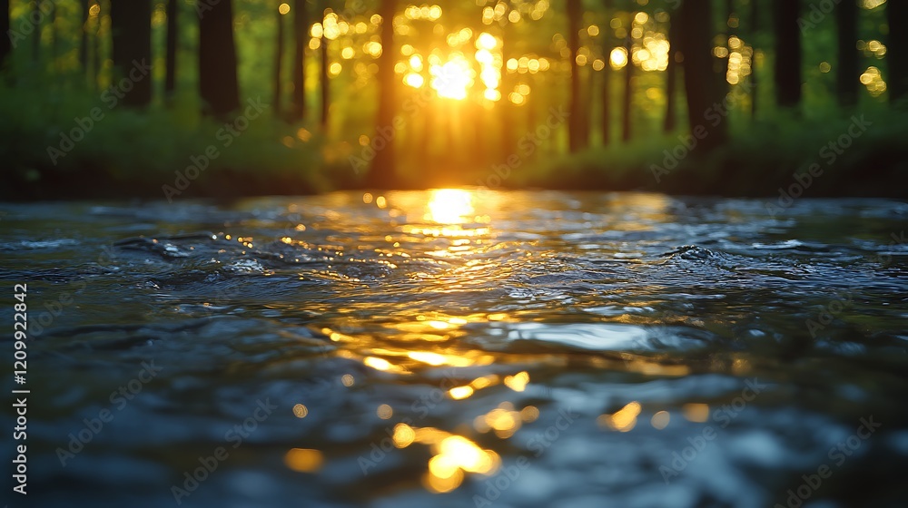 Poster golden hour stream: a tranquil stream reflects the warm glow of the setting sun, filtering through a