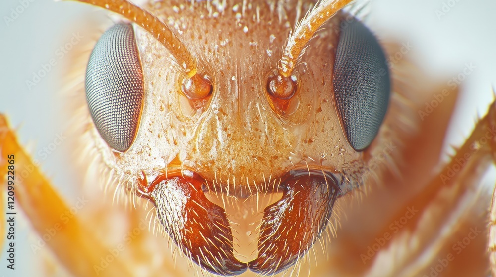 Poster macro shot of an ant intricate head and antennae, isolated on a clean white surface for a sharp focu